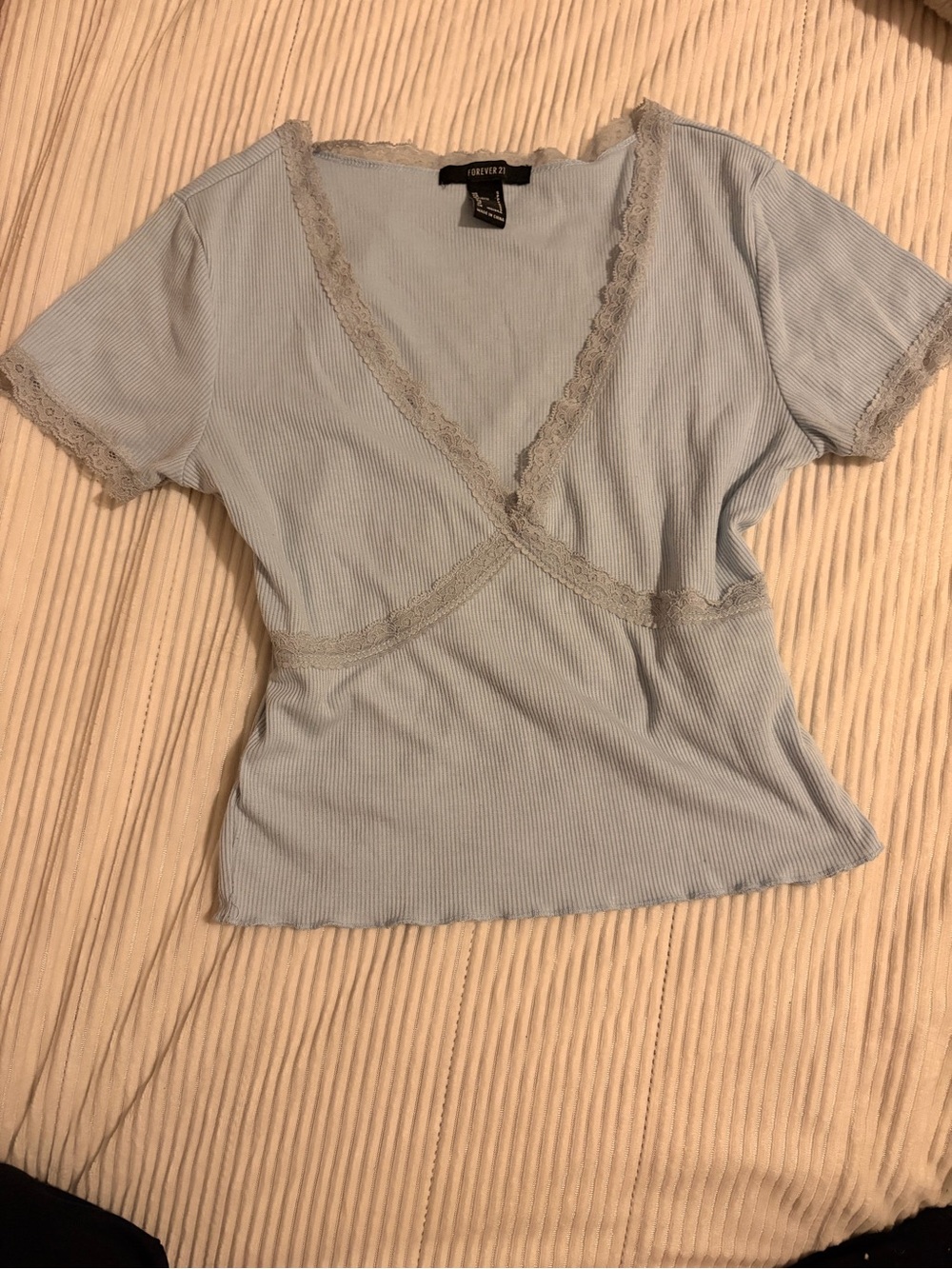 Forever 21 Pale Blue Lace-Trim Wrap Crop Top